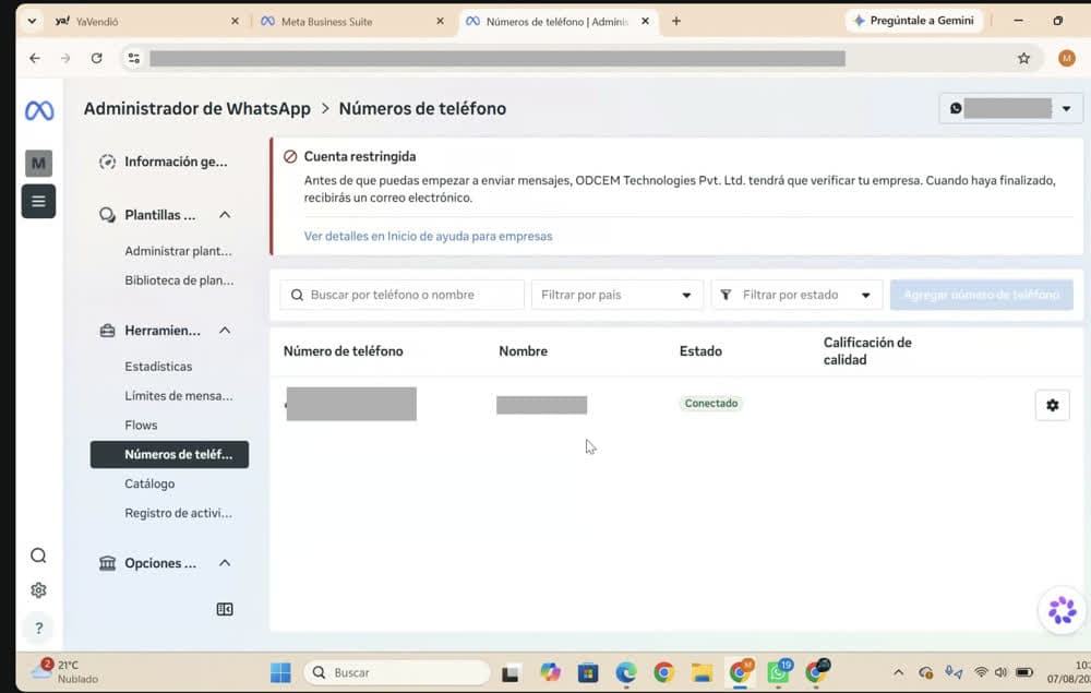 Error de cuenta restringida en WhatsApp Business: el número aparece conectado pero los mensajes no se entregan