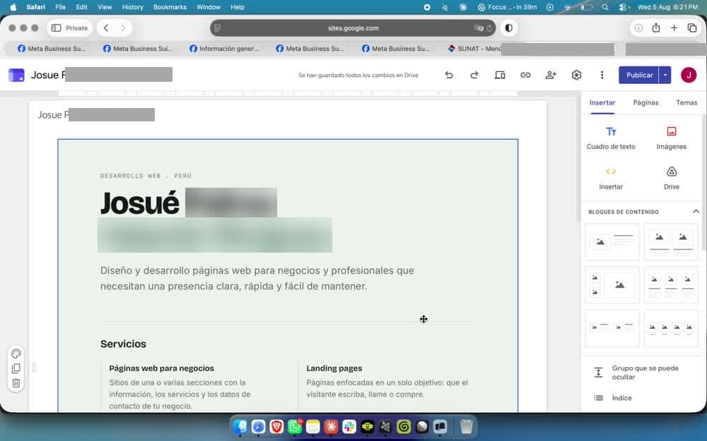 Sitio web de ejemplo hecho en Google Sites para verificar un negocio en Meta, con el nombre, el rubro, el teléfono y la dirección
