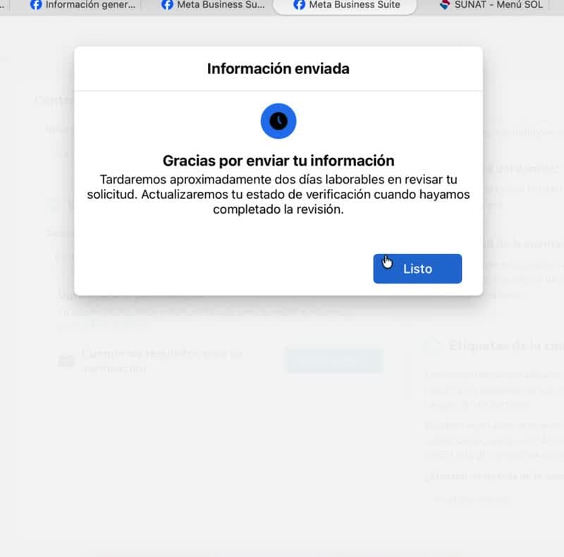 Confirmación de Meta de que la solicitud de verificación de la empresa fue enviada