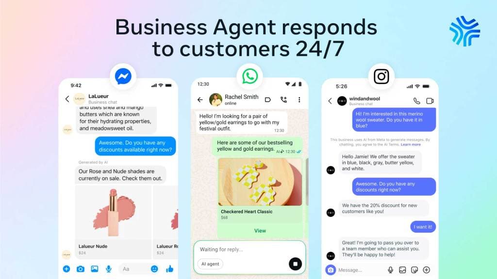 Meta Business Agent respondiendo en WhatsApp, Instagram y Messenger