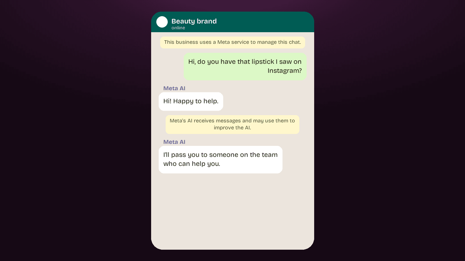 Sample chat: Meta Business Agent identifies as Meta AI and hands off to a human agent
