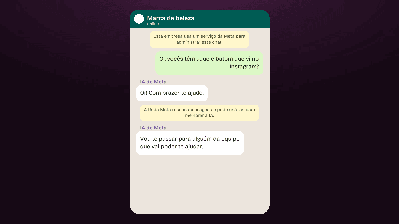 Chat de exemplo: o Meta Business Agent se identifica como IA da Meta e transfere para um atendente humano
