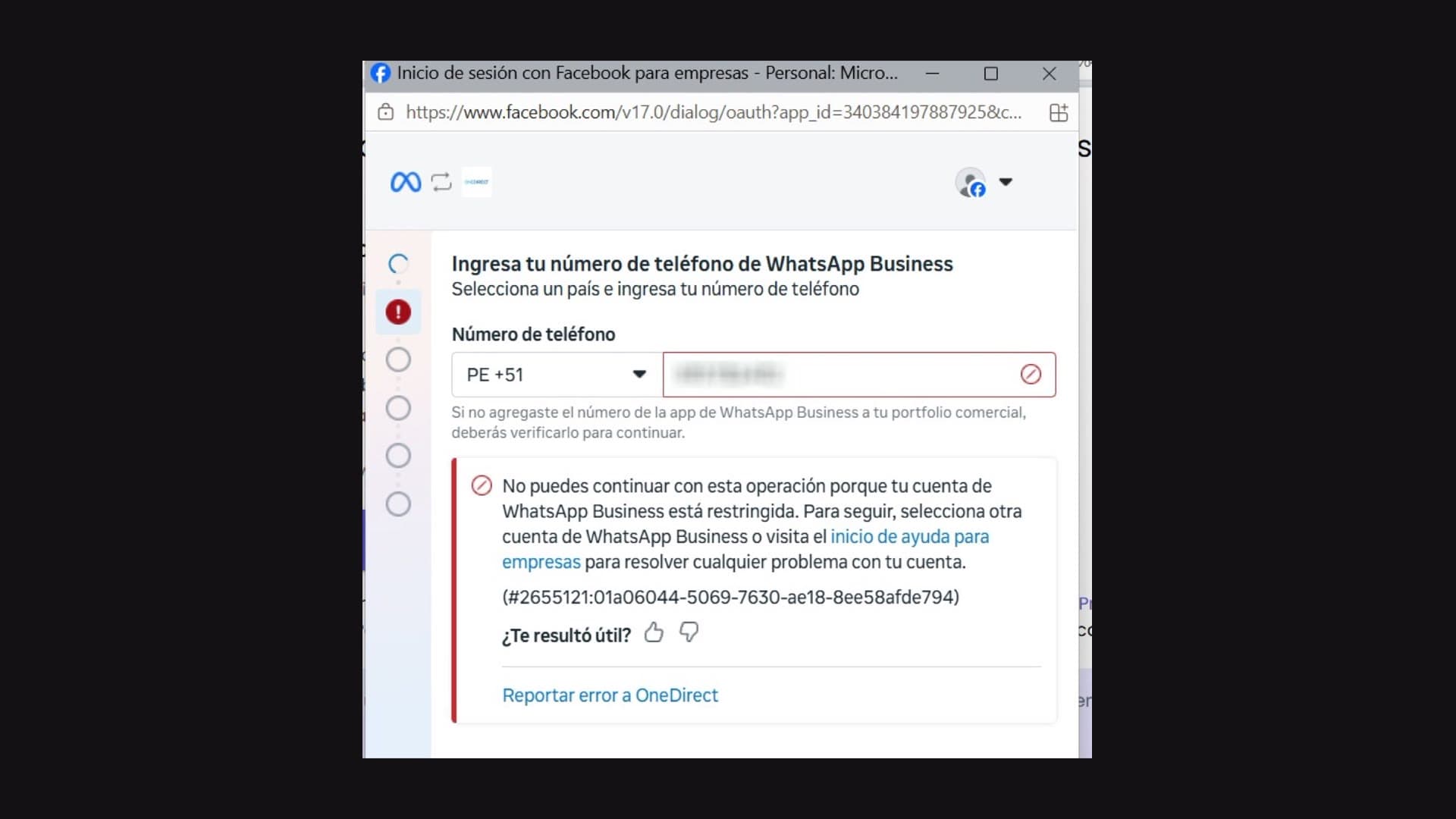 Pantalla de conexión de WhatsApp Business con el error de Meta: no puedes continuar con esta operación porque tu cuenta de WhatsApp Business está restringida, con el código de error 2655121