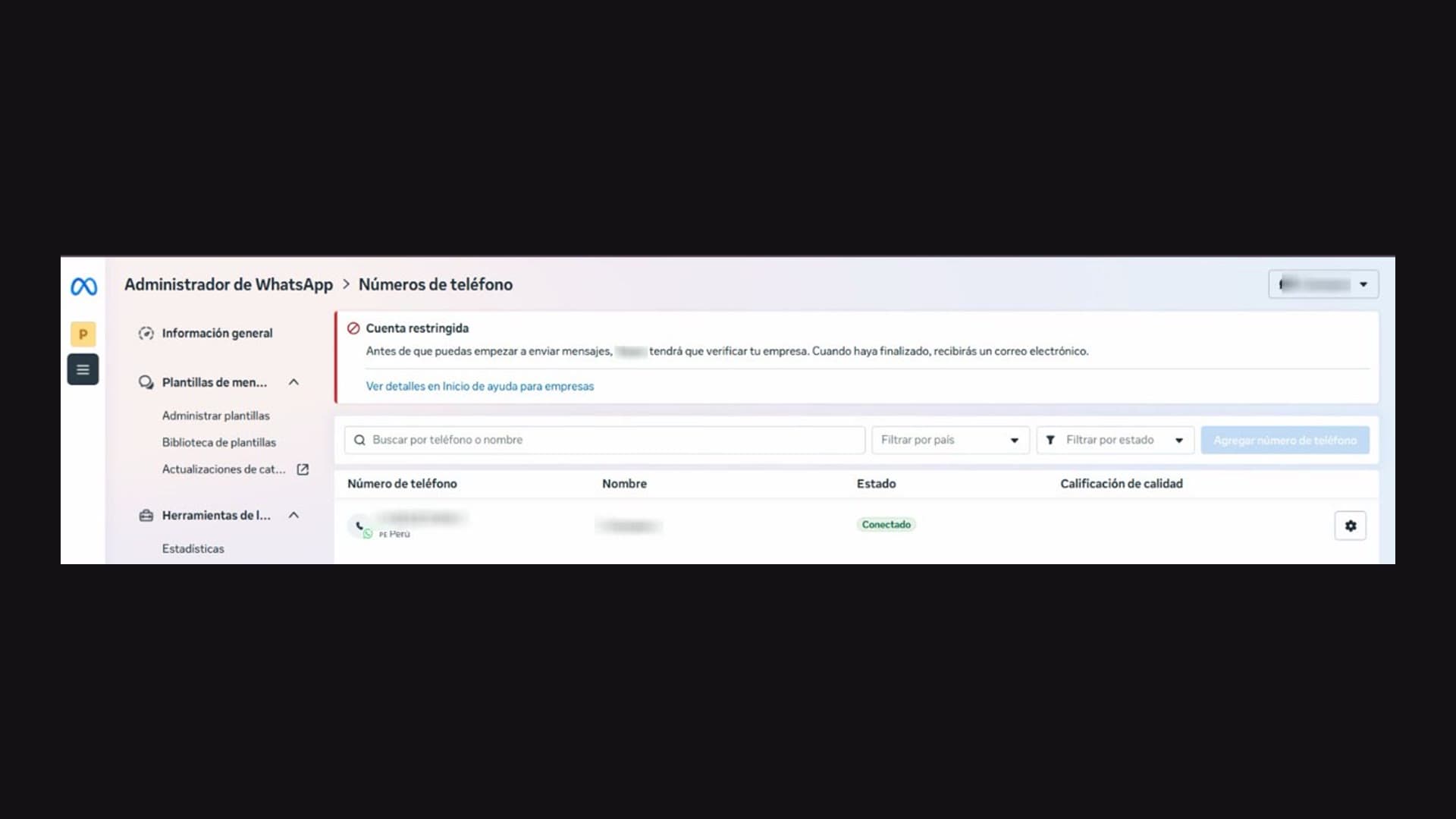 Administrador de WhatsApp de Meta mostrando el aviso Cuenta restringida mientras el número de teléfono figura con estado Conectado