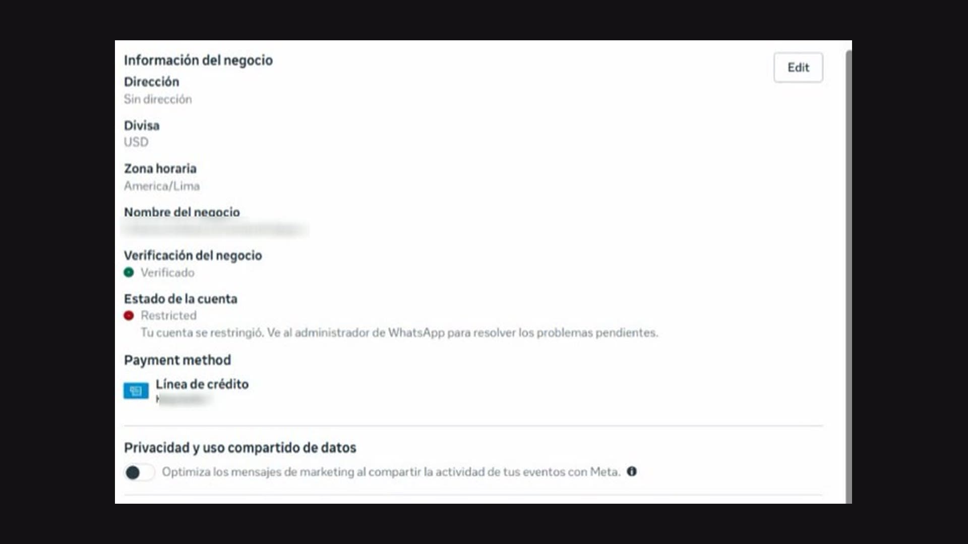 Configuración del portafolio de Meta con Verificación del negocio en Verificado y, justo debajo, Estado de la cuenta en Restricted