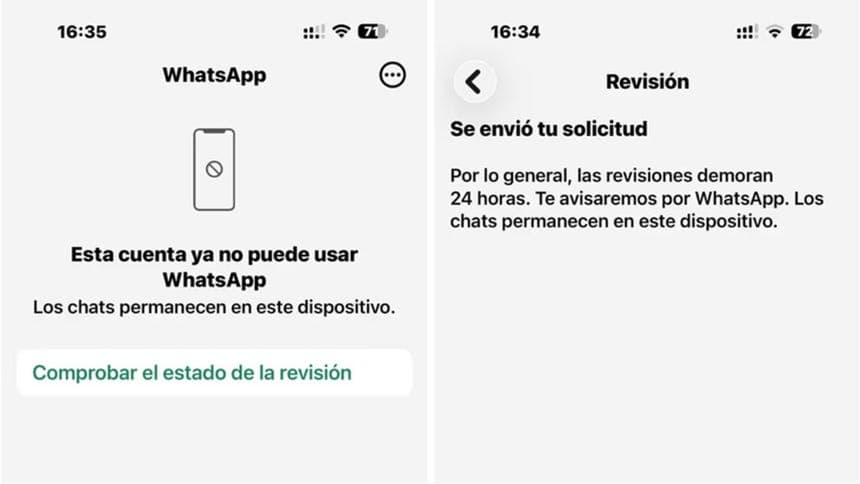 Real screenshots from the August 3, 2026 ban wave: the Spanish-language screen "Esta cuenta ya no puede usar WhatsApp" (this account can no longer use WhatsApp) with the review-status button, and the "request sent" confirmation with the typical 24-hour window