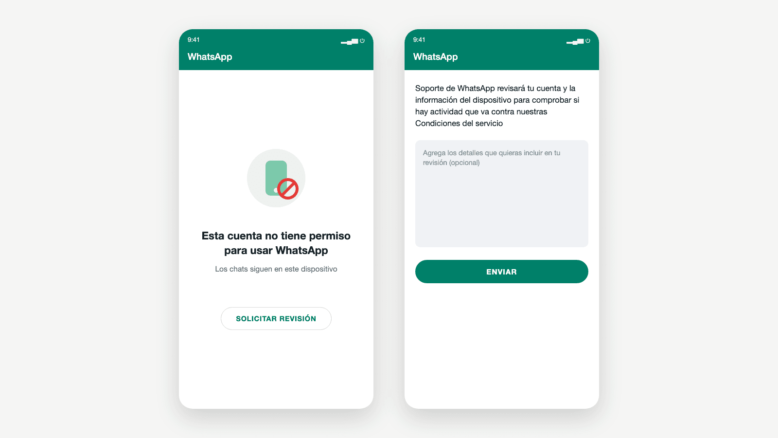 Recreación de la pantalla de bloqueo de WhatsApp "Esta cuenta no tiene permiso para usar WhatsApp" con el botón Solicitar revisión, junto al formulario donde describes tu caso y lo envías