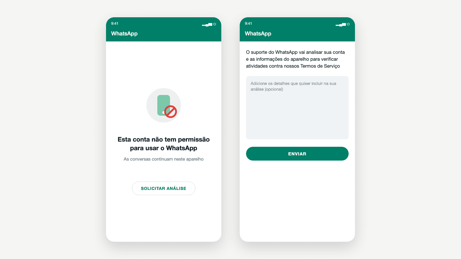 Recriação da tela de banimento do WhatsApp "Esta conta não tem permissão para usar o WhatsApp" com o botão Solicitar análise, ao lado do formulário onde você descreve seu caso e envia