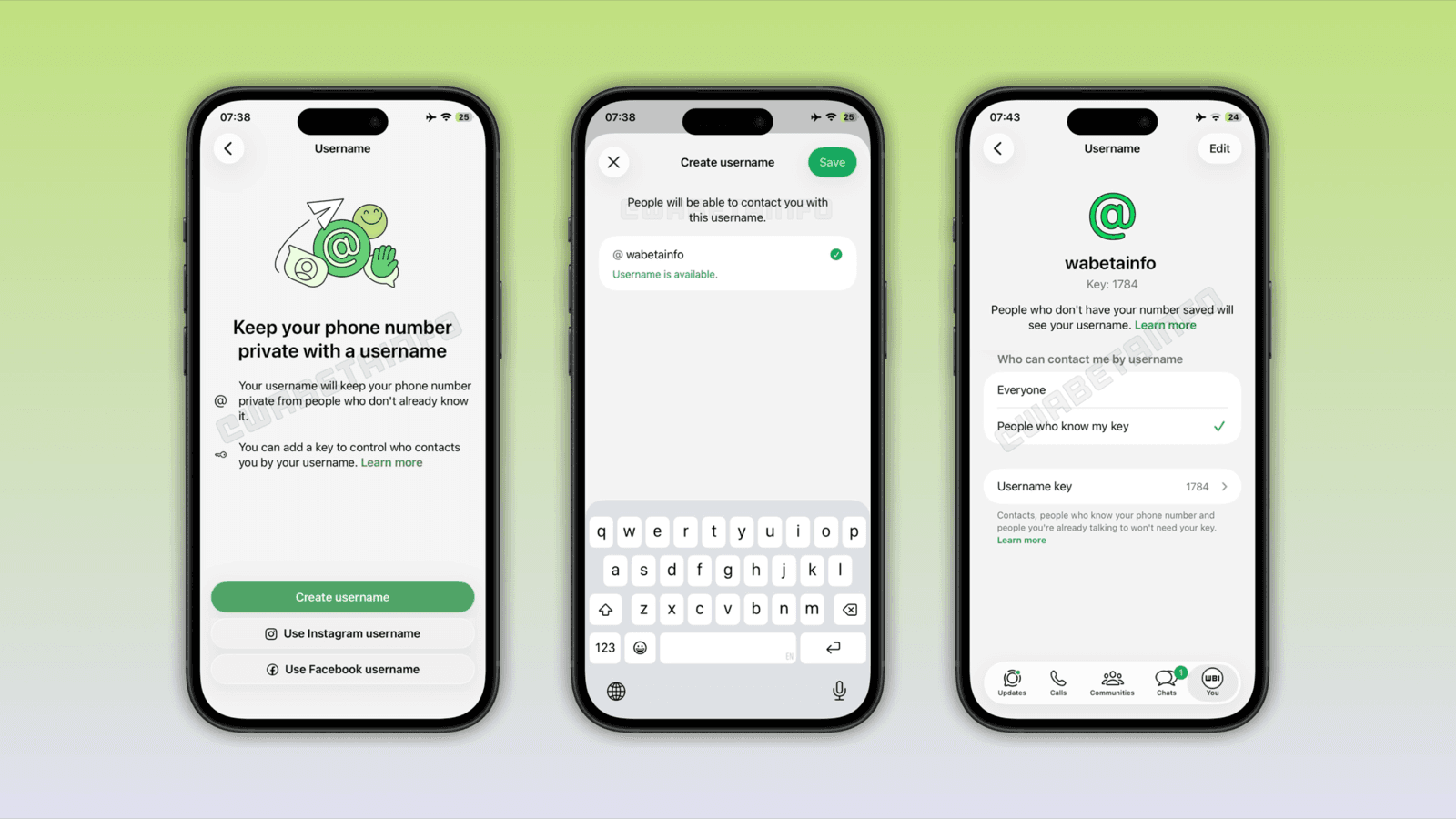 Pantallas reales de iOS del nombre de usuario de WhatsApp: crear el username, ver la disponibilidad y configurar la clave (username key)