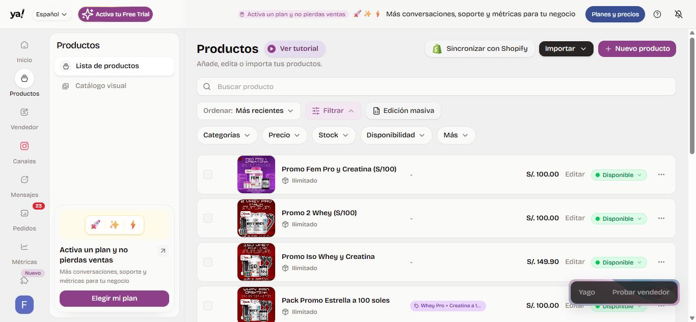Filtrar y ordenar productos por categoría, precio, stock y disponibilidad en yavendió!