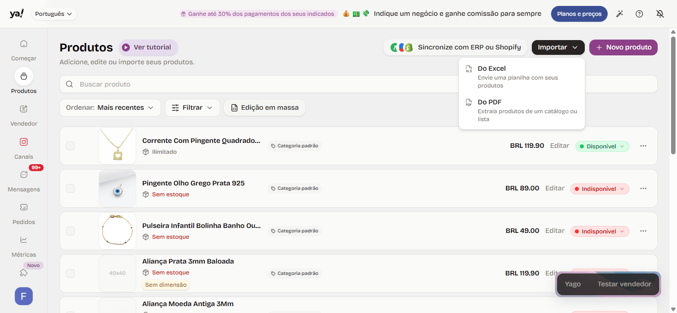 Importar produtos por Excel ou PDF no catálogo do yavendió!