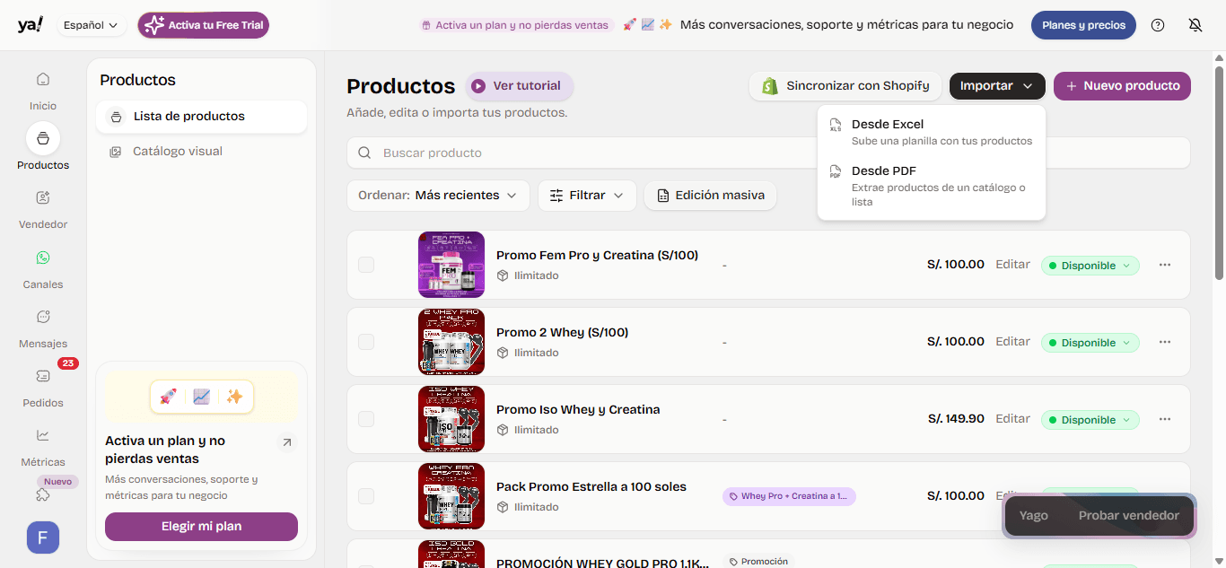 Importar productos por Excel o PDF en el catálogo de yavendió!