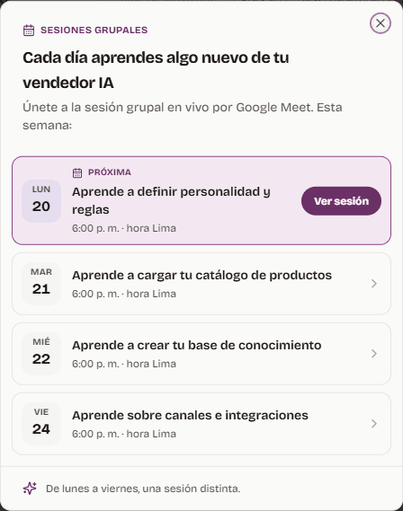 Calendario de la semana con las sesiones en vivo, dentro de la configuración de tu vendedor IA en yavendió!