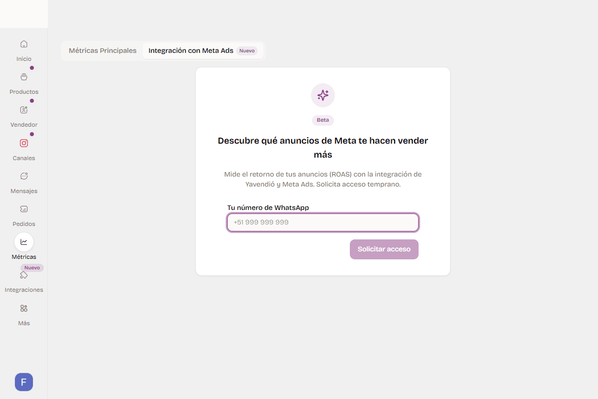 Request access to Meta Ads in yavendió! by leaving your WhatsApp number