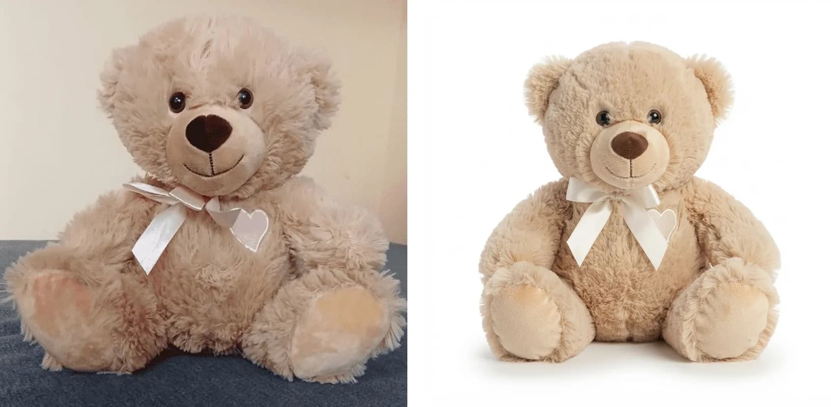 Antes e depois de uma foto de produto com IA na yavendió!: urso de pelúcia fotografado com celular e a versão com fundo branco de estúdio