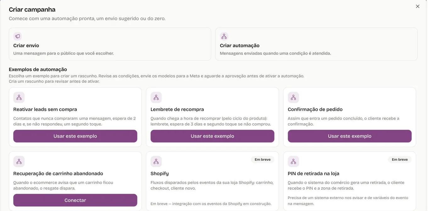 Criar campanha: envio ou automação, com exemplos para reativar leads, lembrar da recompra e confirmar pedidos