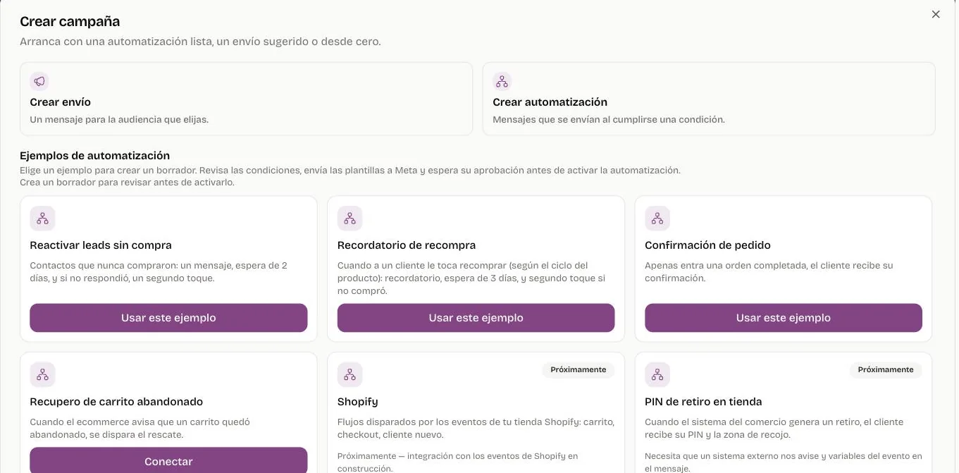 Crear campaña: un envío o una automatización, con ejemplos para reactivar leads, recordar la recompra y confirmar pedidos