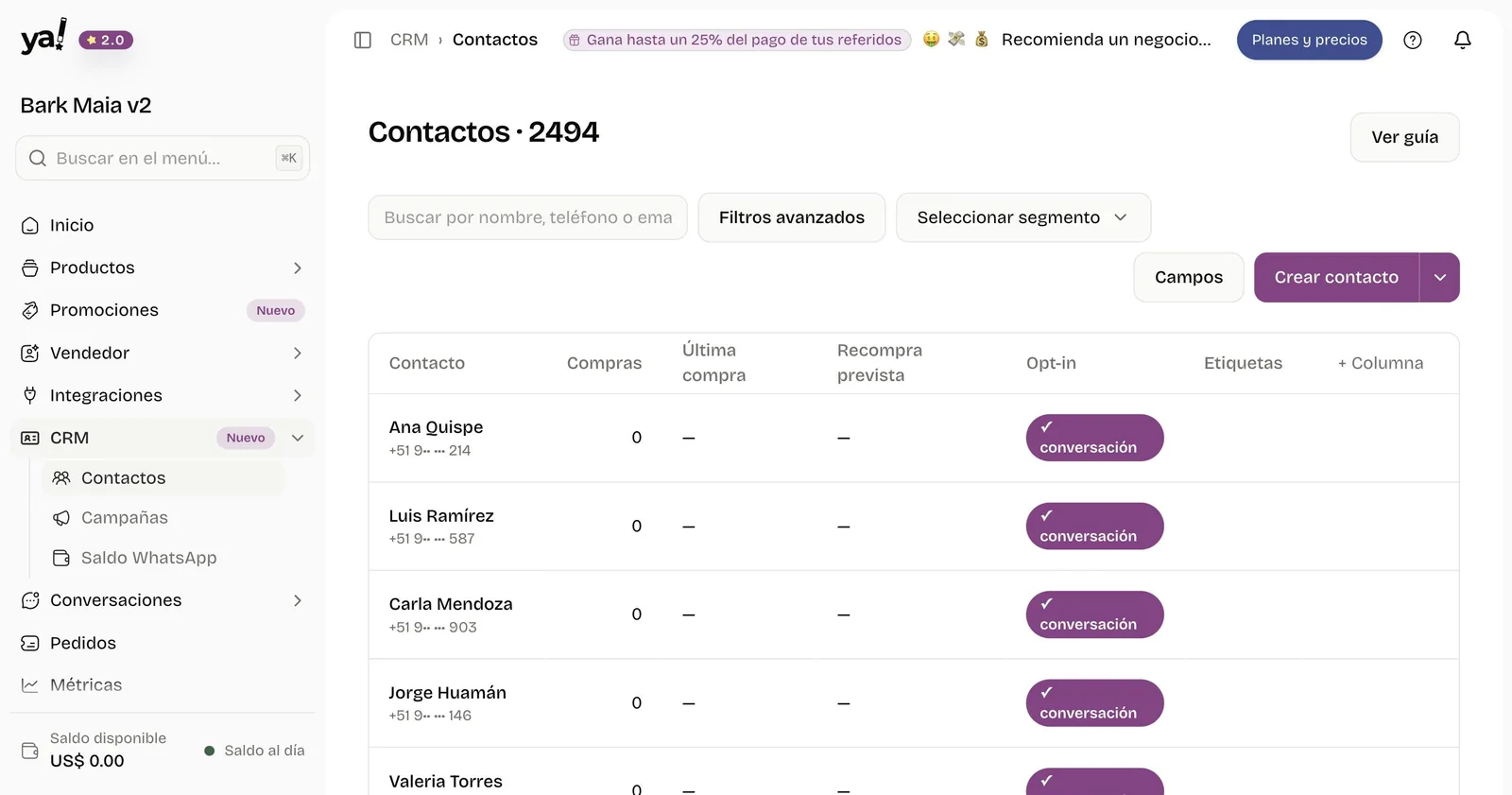 Lista de contactos del CRM de yavendió! con compras, recompra prevista y la columna de permiso para recibir campañas