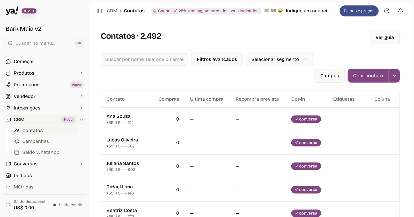 Lista de contatos do CRM da yavendió! com compras, recompra prevista e a coluna de permissão para receber campanhas