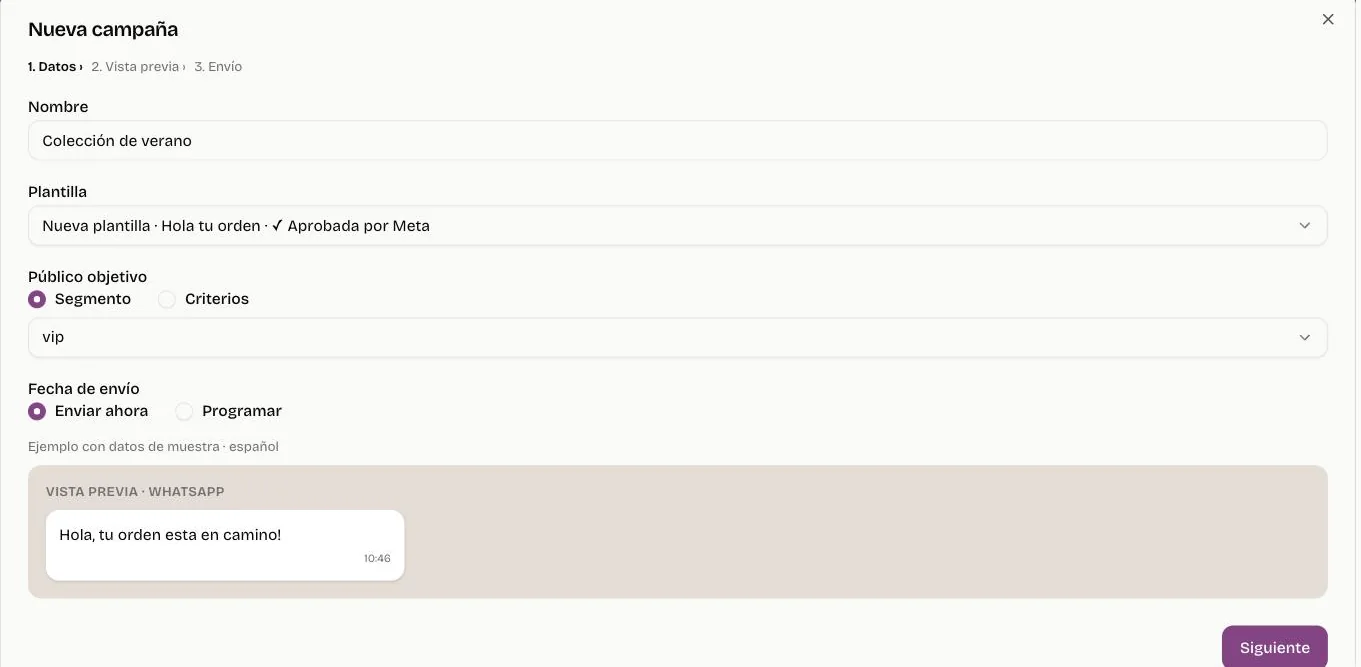 New campaign form with an approved template and a WhatsApp preview