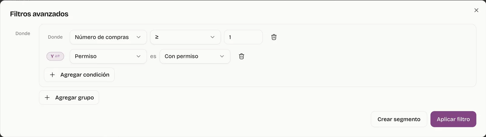 Filtros avanzados del CRM: número de compras mayor o igual a 1 y contactos con permiso