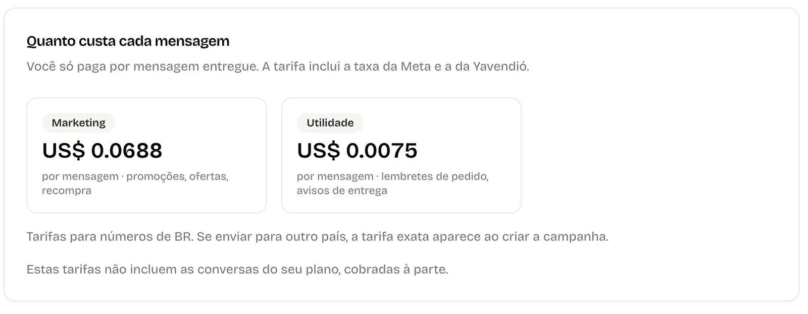 Saldo WhatsApp da yavendió!: preço por mensagem de marketing e de utilidade para números do Brasil
