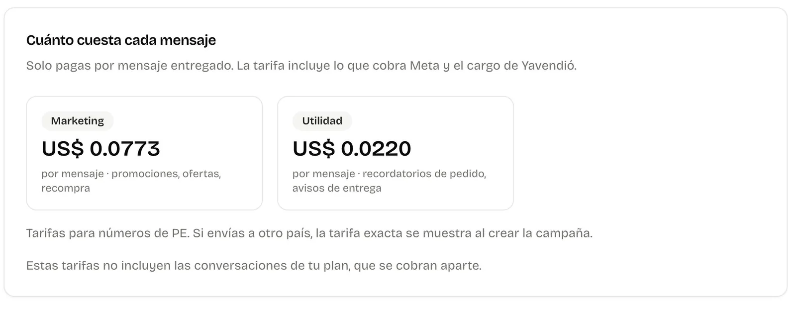 Saldo WhatsApp de yavendió!: precio por mensaje de marketing y de utilidad para números de Perú