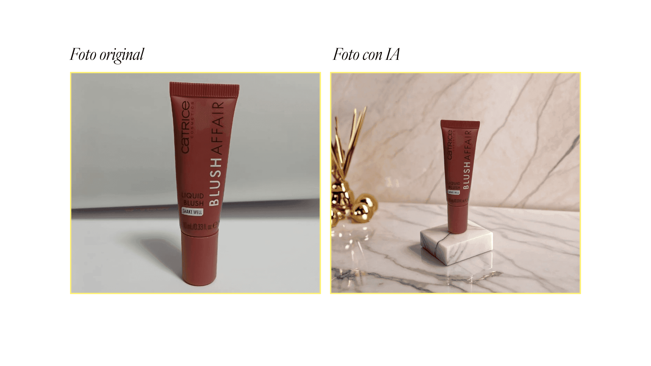 Antes y después de una foto publictaria para maquillaje con inteligencia artificial